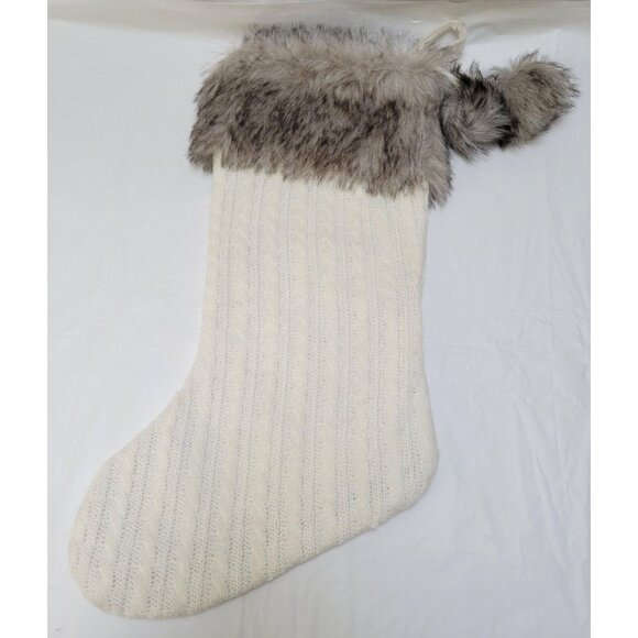 Dog Christmas Stocking 20" White w/Bones Holiday Stocking-Faux Fur Band Tassels - Picture 2 of 2